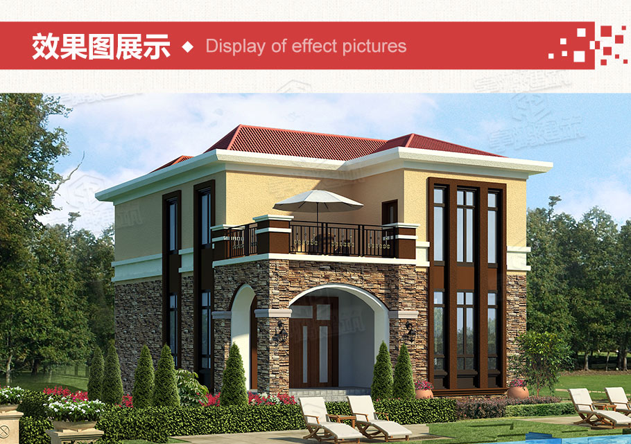 帶露臺的西班牙風格二層小農村別墅戶型及效果圖